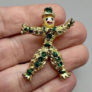 Vintage Gold Tone Pearl Rhinestone Green Enamel Clown Brooch Pin, 1.5"